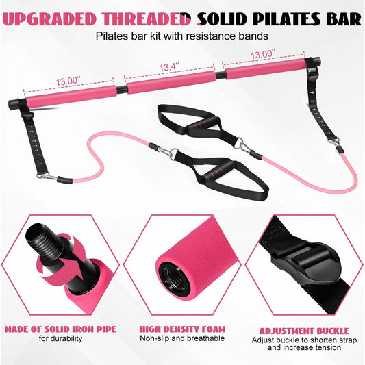 Olodeer Pilates Bar Kit with Resistance Bands & Ab Roller Pink Full Body