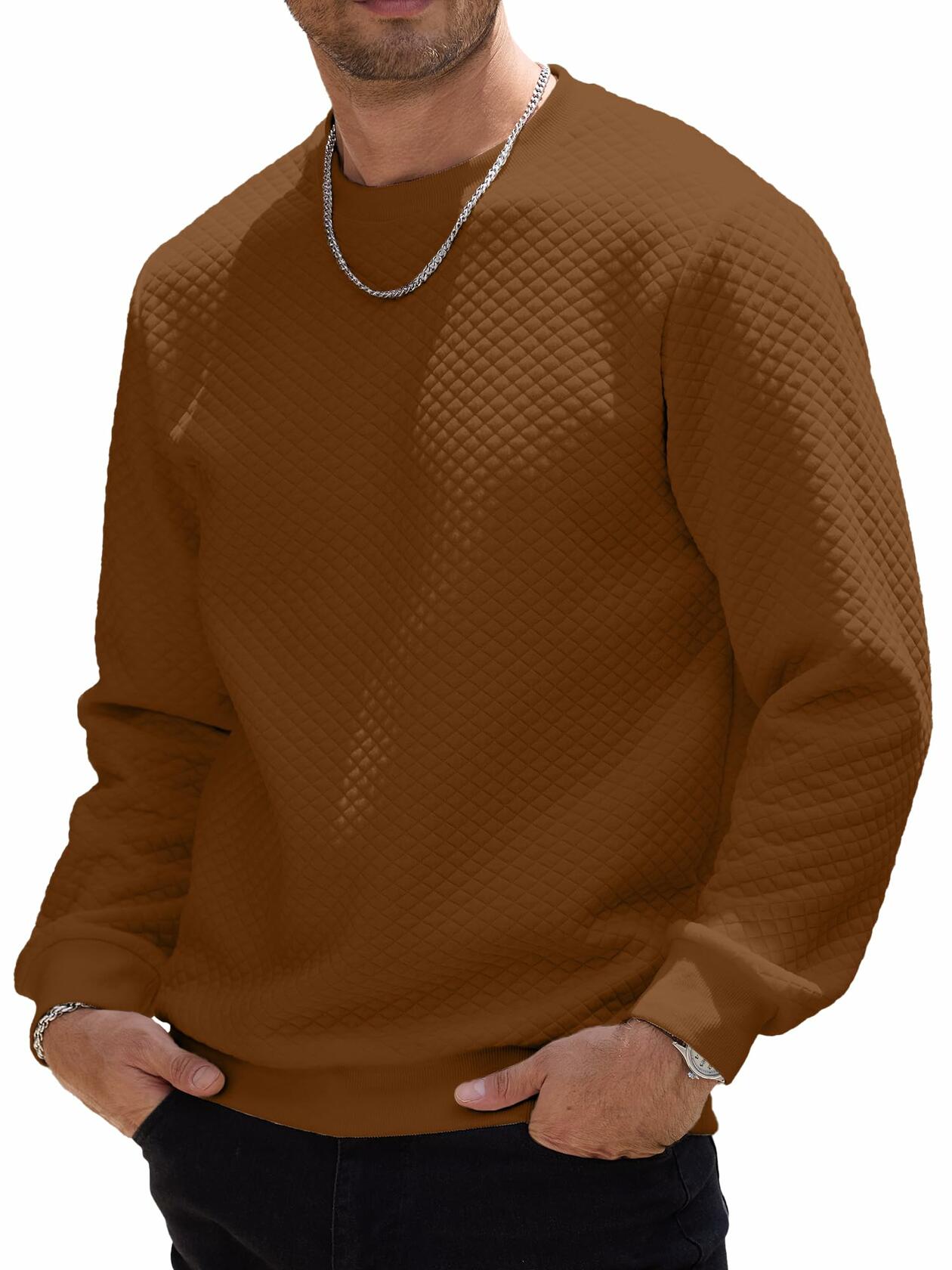HOTake Mens Waffle Texture Pullover Sweatshirt Brown Size Small