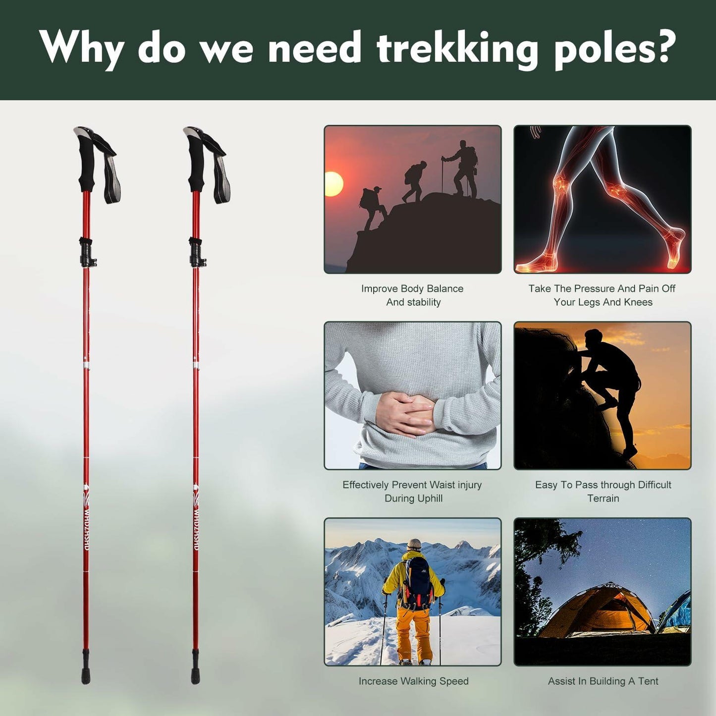 WHDZHSHD Collapsible Trekking Poles Aluminum Adjustable Locks 51in Red 2pc