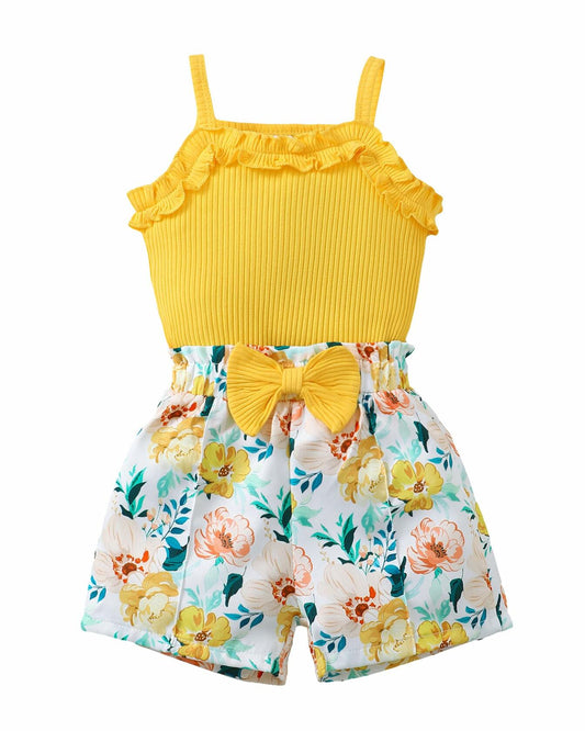 Kucnuzki Yellow Floral Sleeveless Tank Top Bow Tie Summer Shirt Size 3-4T