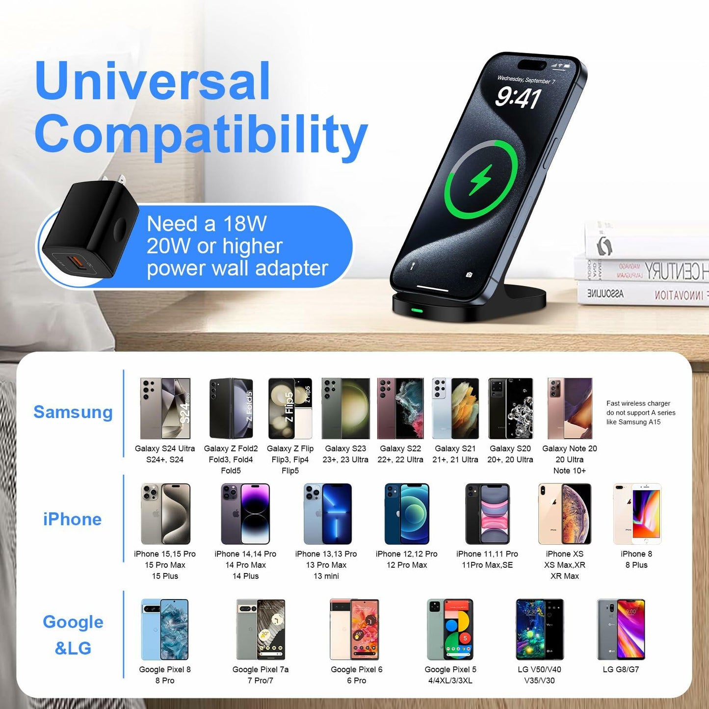 Sicodo Wireless Charger Stand 15W for Samsung S25 Ultra S24+ S23FE S22 S21 Black