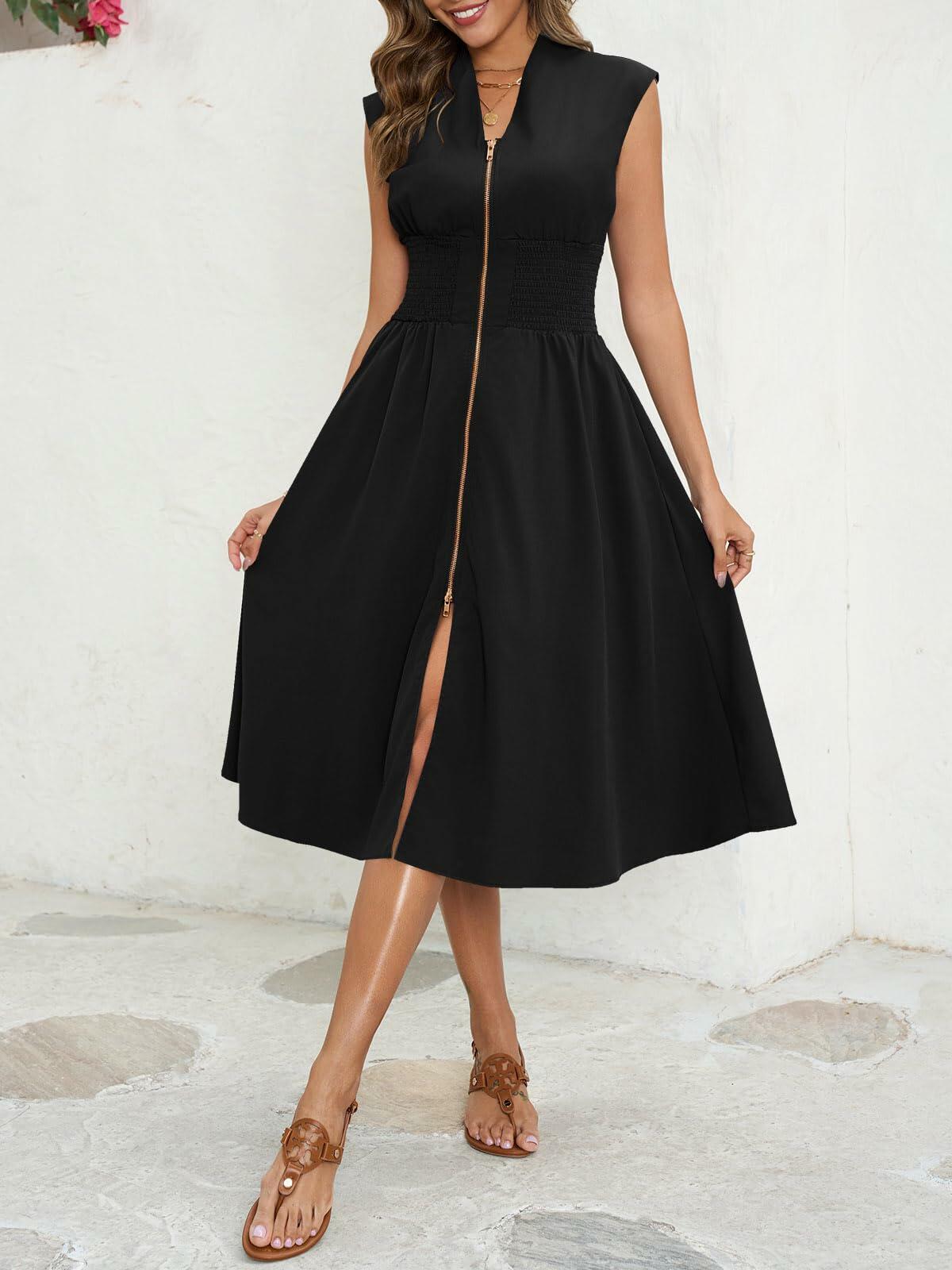 Wenrine Womens Summer Smocked Midi Dress V Neck Cap Sleeve Black