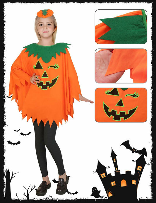 qqpouc Pumpkin Costume Glow in Dark Halloween Poncho Headband Candy Bags 3-7Y