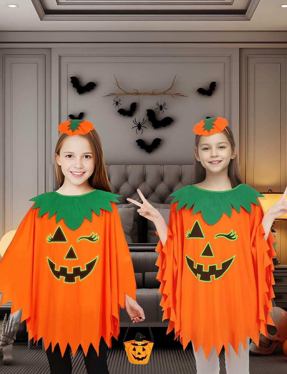 qqpouc Pumpkin Costume Glow in Dark Halloween Poncho Headband Candy Bags 3-7Y