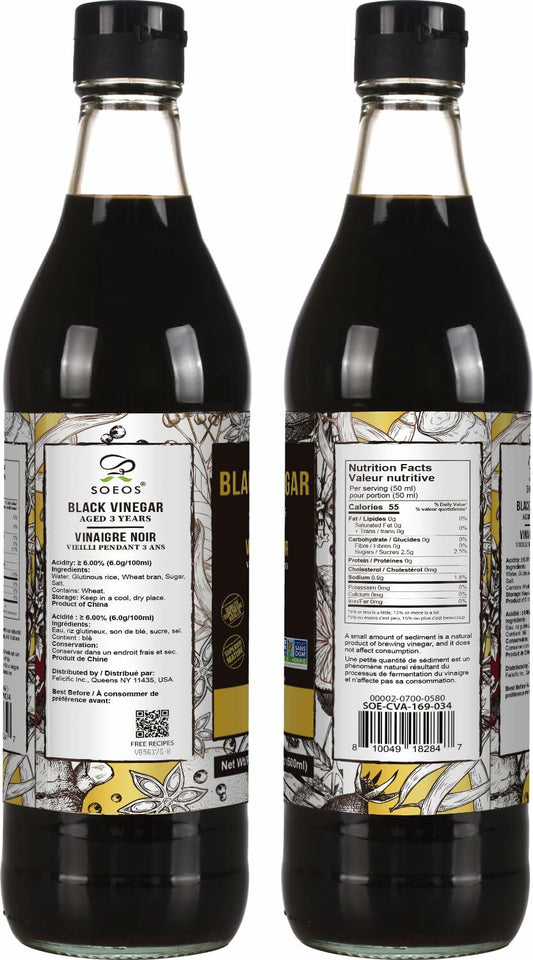Soeos Chinkiang Black Vinegar 16.9oz 3 Years Aged Naturally Fermented