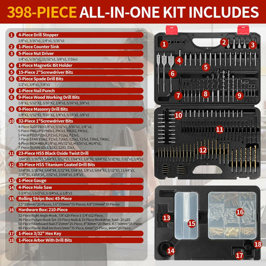 Wakuka 400 Pcs Drill Bit & Screwdriver Set Black High Speed Steel Titanium