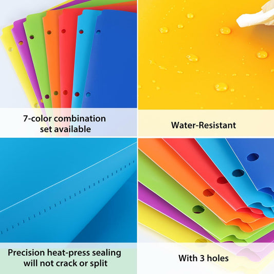 Aipker Plastic Folder with Pockets 3-Hole Punched 7 Pack Assorted Colors