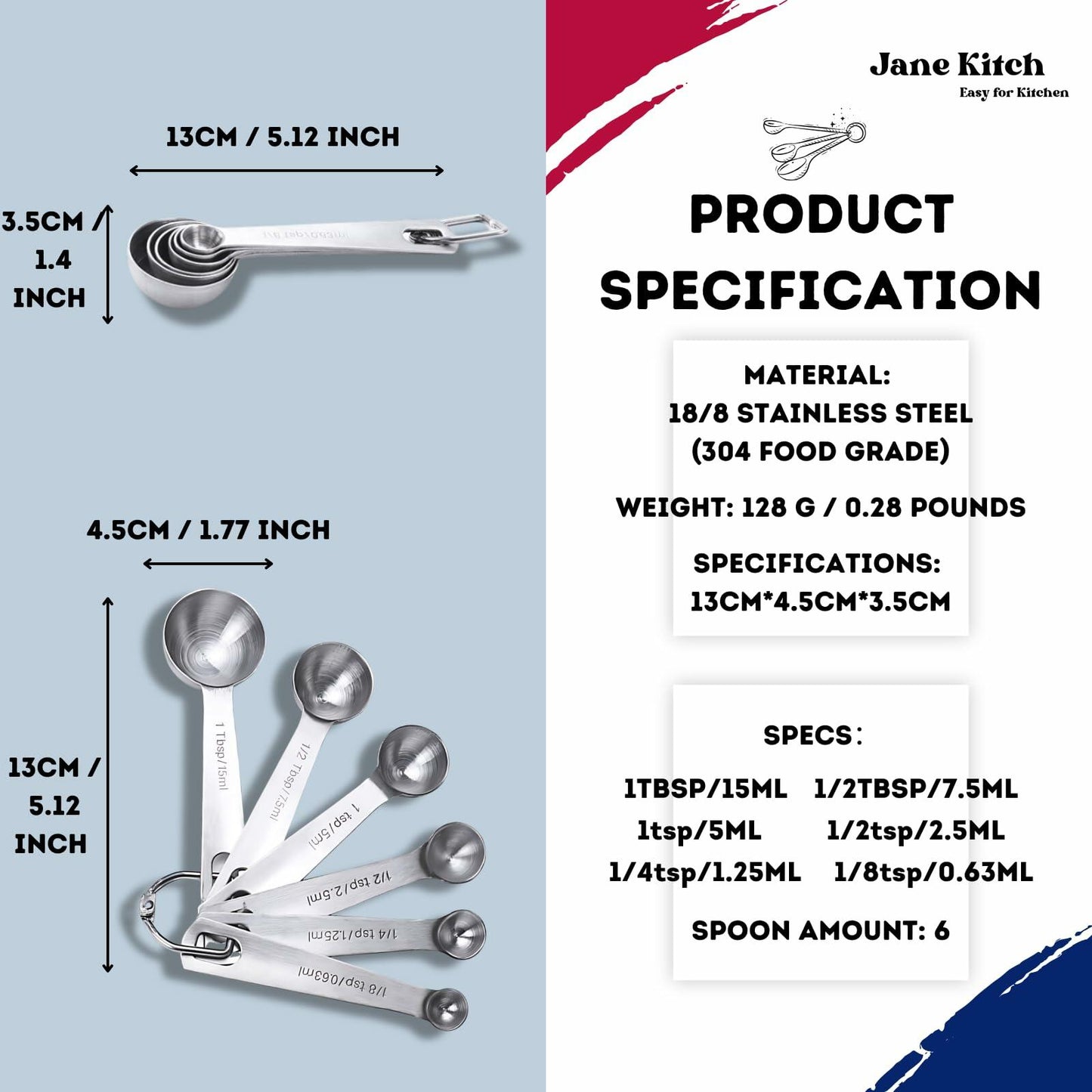 Jane Kitch Stainless Steel Measuring Spoons Set of 6 Silver Metal Kitchen