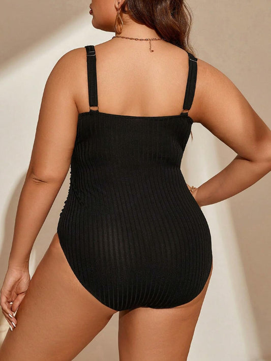 WDIRARA Plus Size Ribbed Knit One Piece Swimsuit Women’s Notched Neck 1XL Black