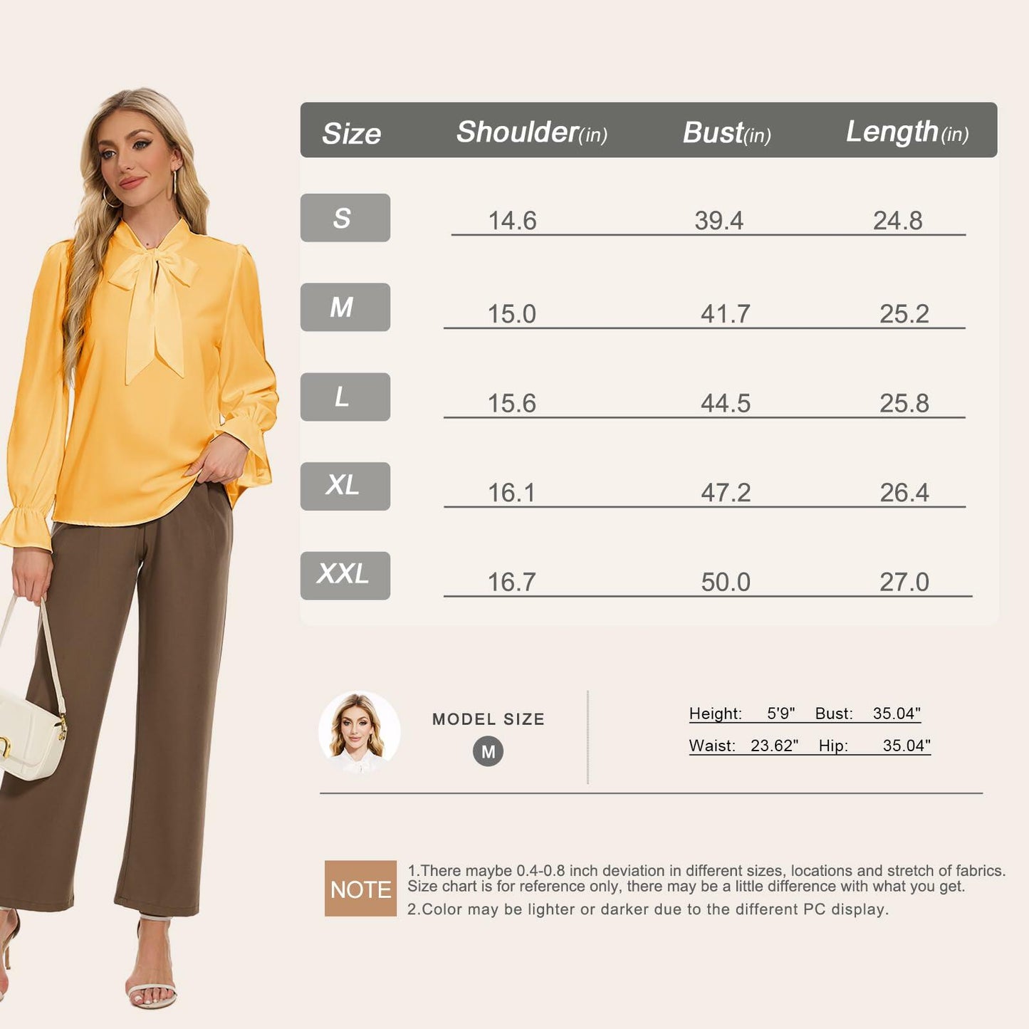 VIPONES Women Yellow Chiffon Bow Tie Neck Blouse Classic Polyester Size M