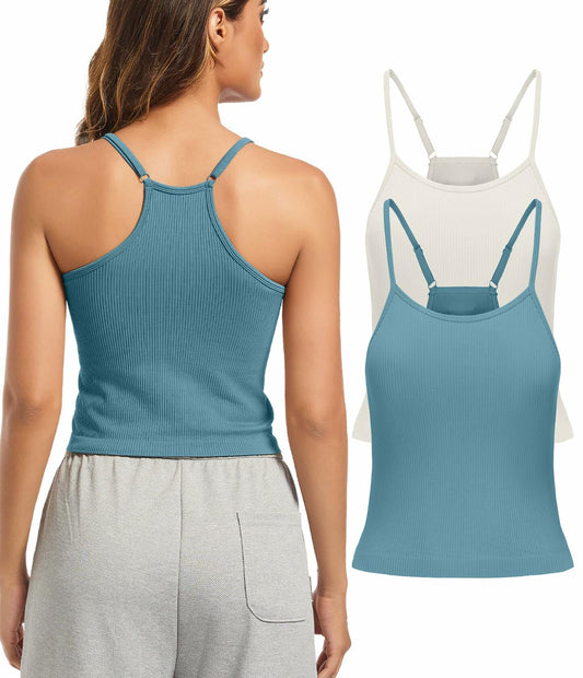 OVESPORT 2Pack Workout Tank Tops Women Built-in Bra Seamless Blue+White Size XL