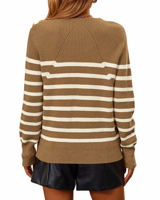 KIRUNDO Women's Striped Ribbed Knit Sweater Crewneck Metal Buttons Camel Size M