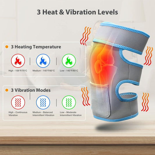 Feiorn Heated Knee Brace Wrap Adjustable Heat Vibration Massager Gray Size One