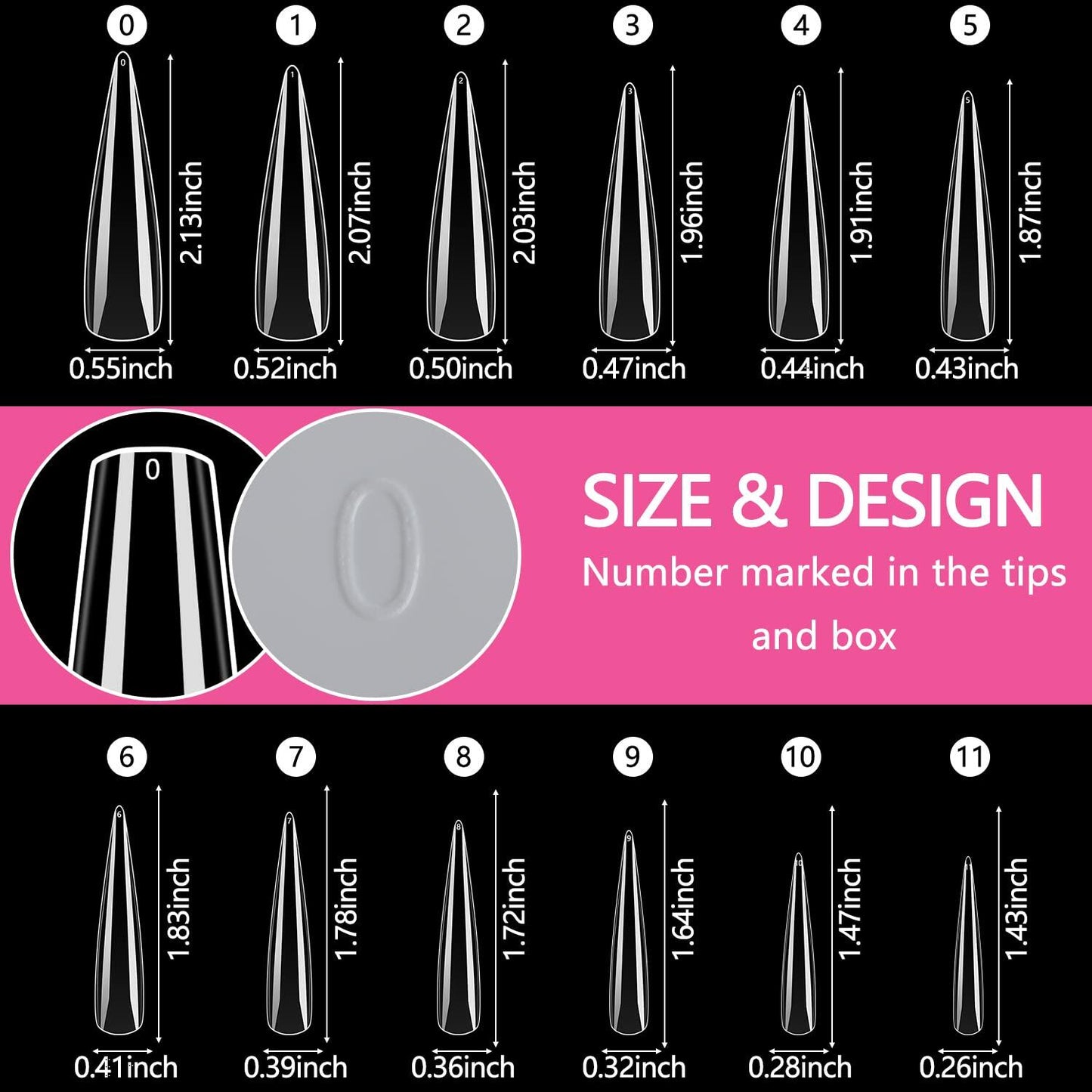 INENK No C Curve XXL Stiletto Coffin Nail Tips 400Pcs Clear Acrylic 10 Sizes