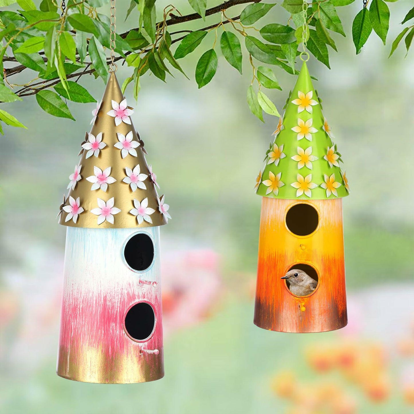 BAYN 2-Story Double Hole Golden Metal Hanging Bird House Outdoor