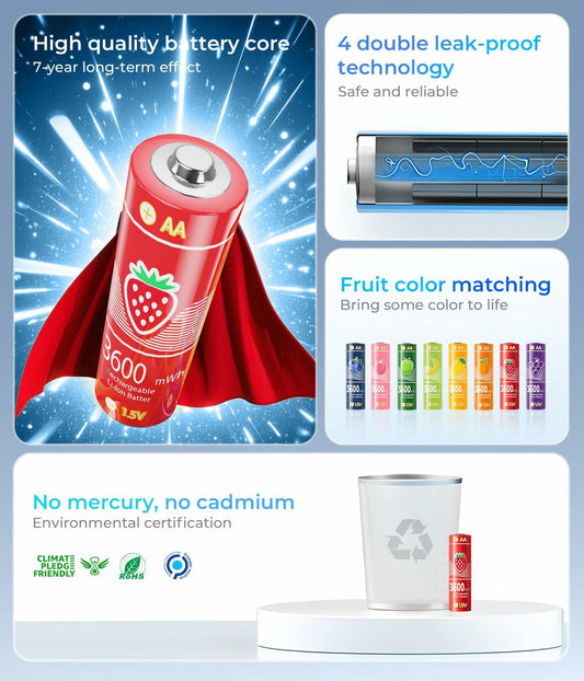 MINISO Rechargeable AA Lithium Batteries 1.5V 3600mWh 8 Pack Vibrant Color