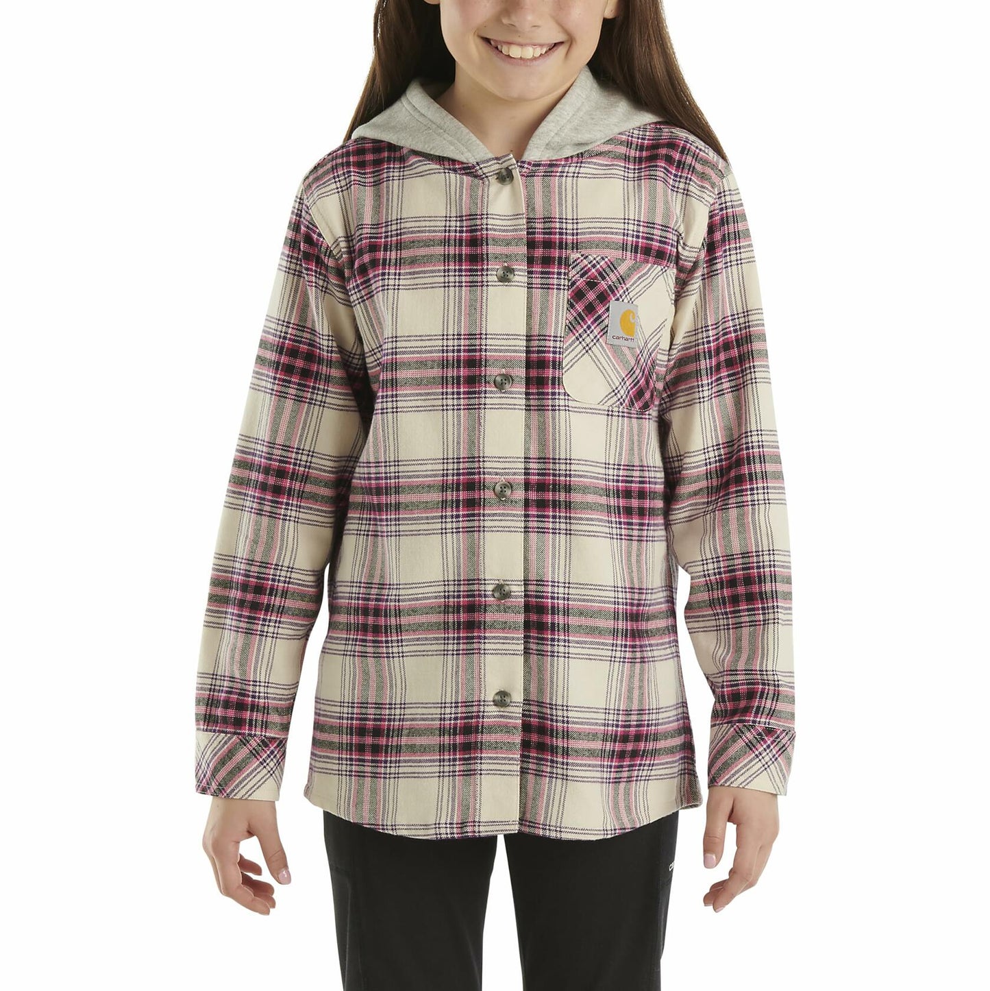 Carhartt Girls Long-Sleeve Pocket Flannel Shirt Beige Purple Plaid Size 5
