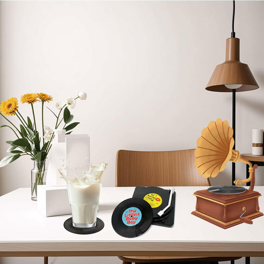 Sufcnire Retro Record Coasters with Vinyl Player Holder Set of 6 M1 Series