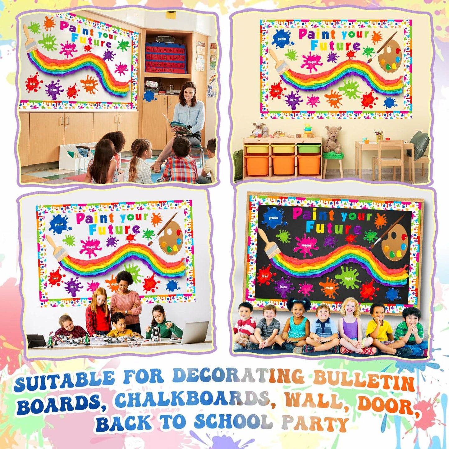 Pasimy 62 Pc 3D Colorful Rainbow Bulletin Board Set DIY Crepe Paper Rolls