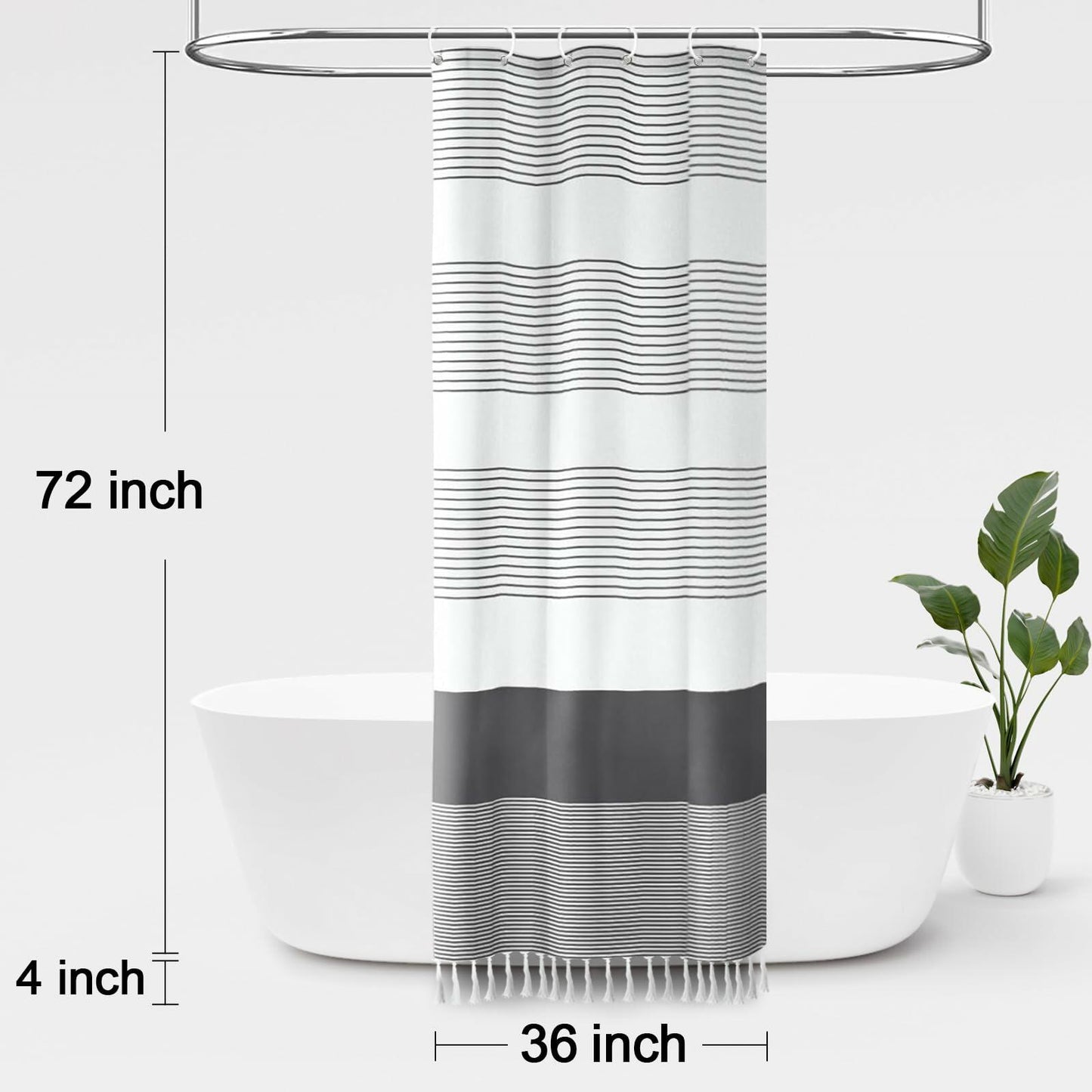 Awellife Stripe Tassel Shower Curtain Dark Grey 84x72 Boho Farmhouse