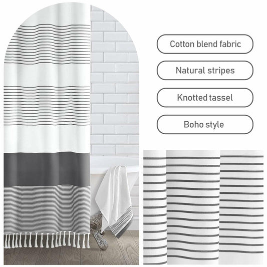 Awellife Stripe Tassel Shower Curtain Dark Grey 84x72 Boho Farmhouse