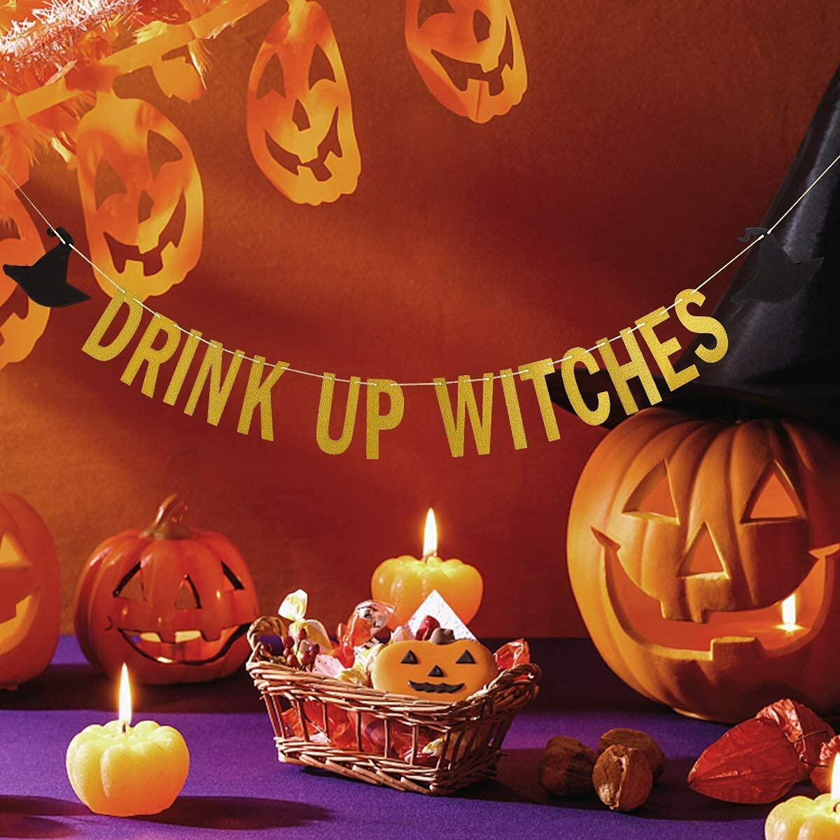 LeeSky Gold Drink Up Witches Banner Halloween Bachelorette Party Decoration