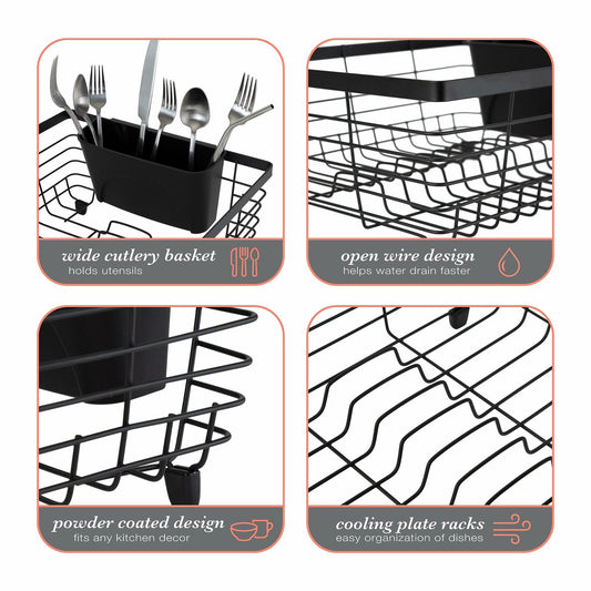 Kitchen Details Flat Wire Dish Drying Rack with Cutlery Basket Black