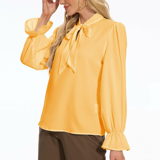 VIPONES Women Yellow Chiffon Bow Tie Neck Blouse Classic Polyester Size M