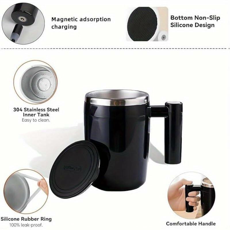 ALARYOD Self Stirring Coffee Mug Stainless Steel Black Automatic Mixing Cup