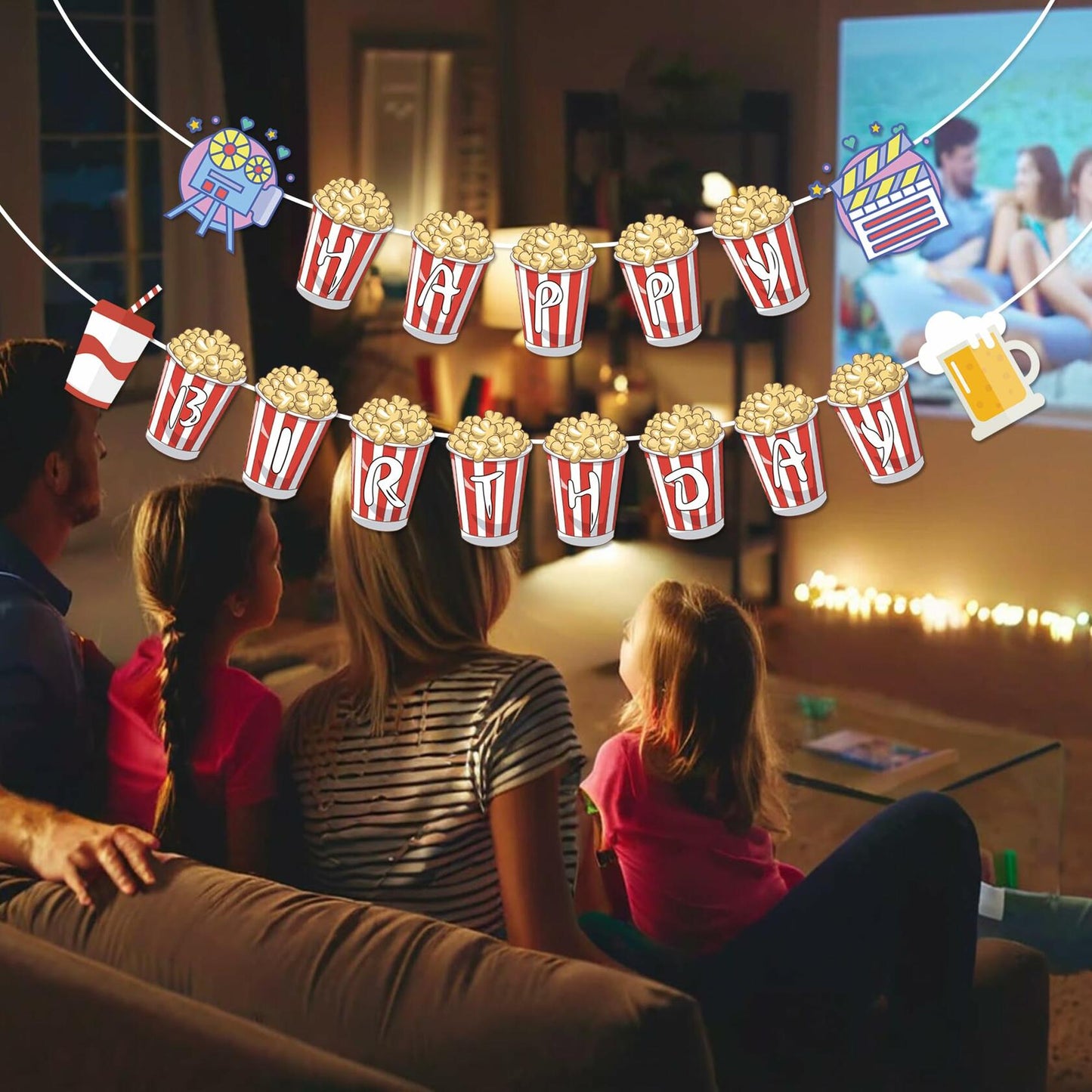 JIVELER Popcorn Happy Birthday Banner Movie Night Theme Multi-color Garland