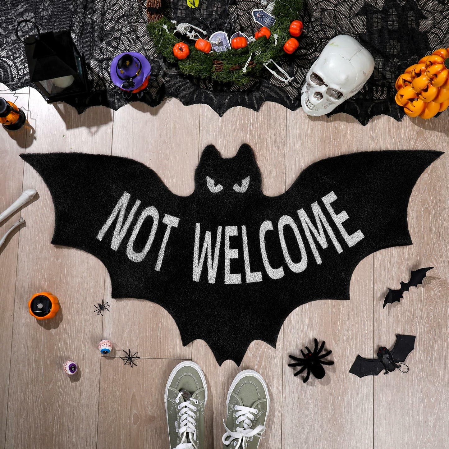 Drydiet Halloween Unwelcome Bat Door Mat 20x40 Large Black Coco Coir