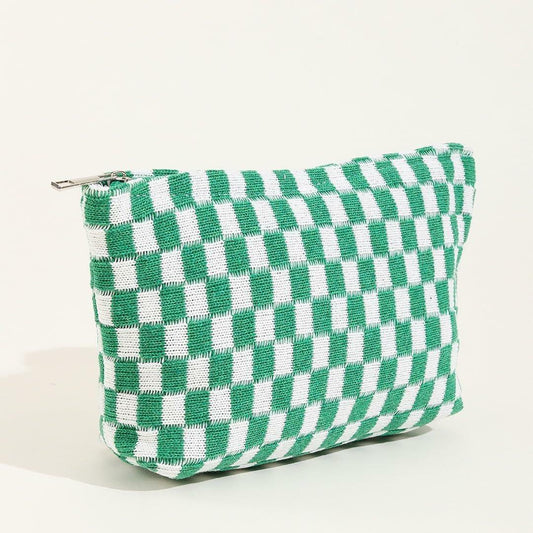 GUTGNK 2-Pack Large Checkered Knitted Makeup Bags Cosmetic Pouch Green White