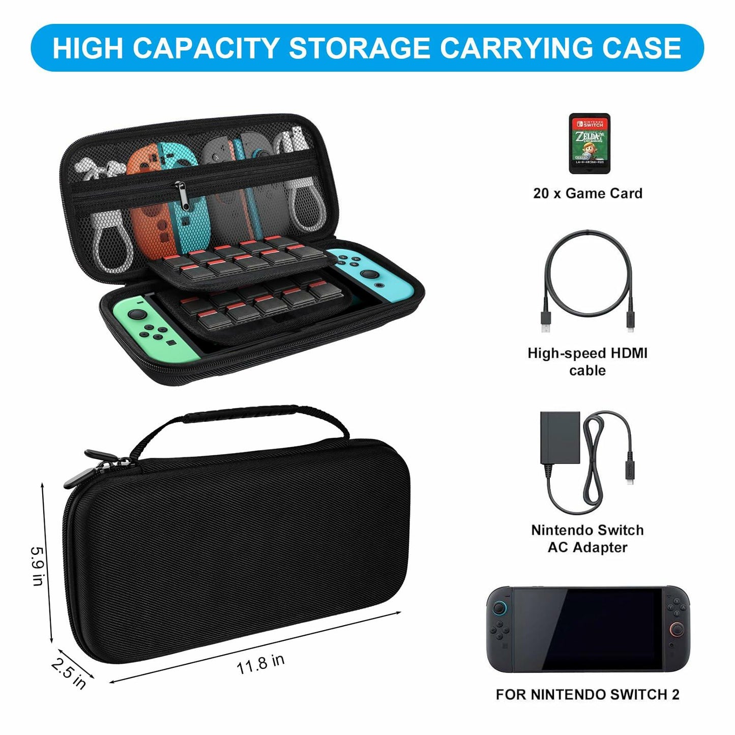 Turquvix Slim Hard Carrying Case for Nintendo Switch 2 Model 2025 Black EVA