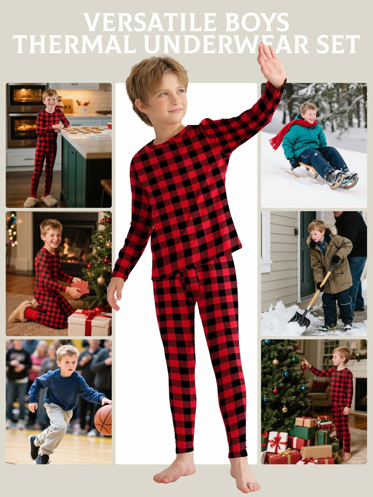 VZV Boys Thermal Underwear Set Fleece Lined Base Layers Red Black Size M