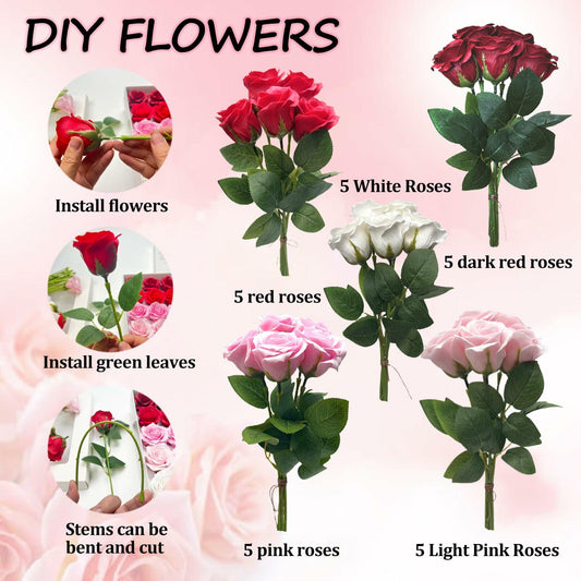 EIGHTOWN DIY Artificial Flowers Indoor 25 Pieces Red Pink Soap Material