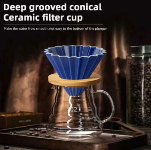 Roast'n Berry Blue Ceramic Coffee Dripper Pour Over Maker With Wood Stand V60