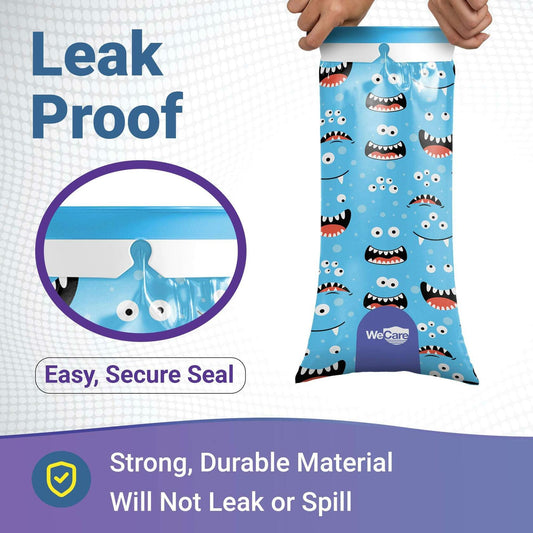 WECARE Kids Vomit Bags 5 Pack Disposable Leak Proof Self Sealing Monster Print