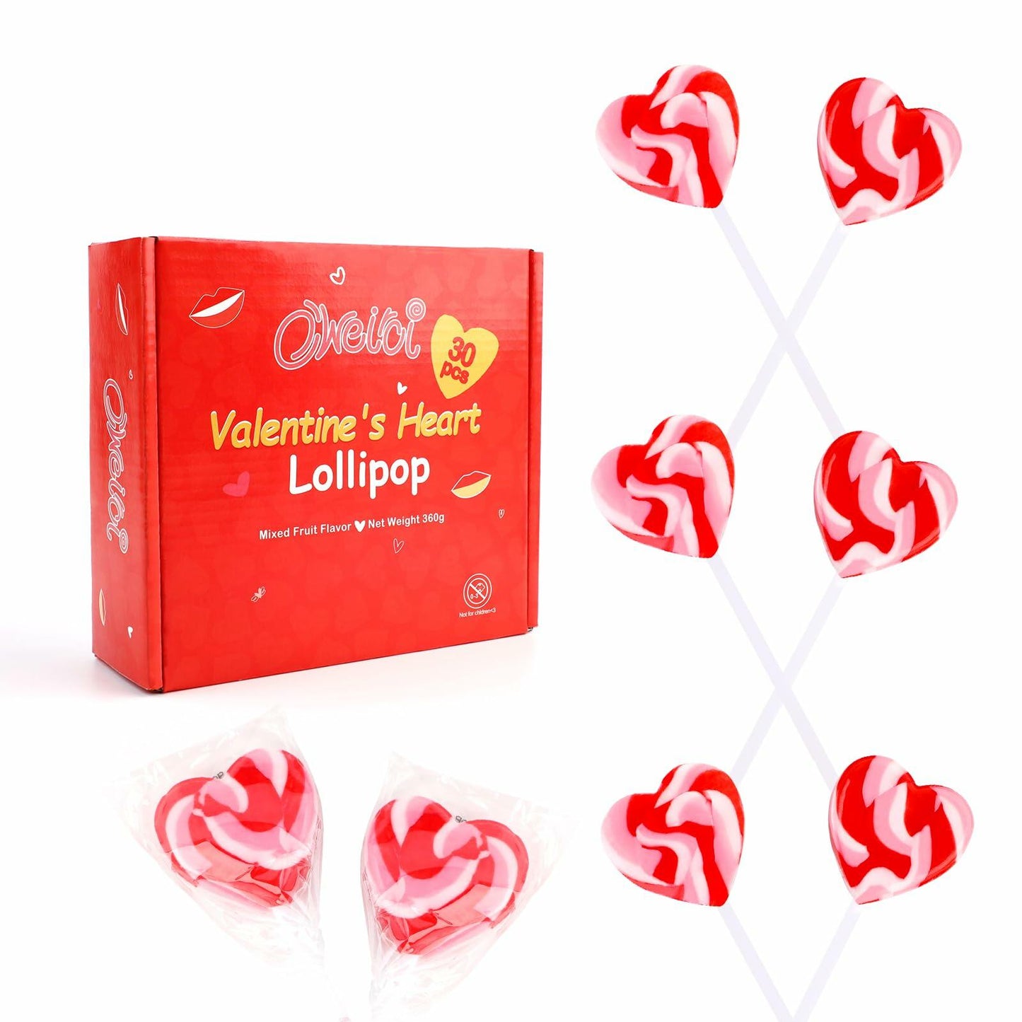Oweiroi Swirl Multicolor Heart Lollipop Party Bag Fillers 30-Pack Mixed Fruit