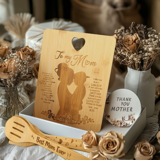 MCJC Bamboo Cutting Board & Kitchen Utensil Set Heart Design Mom Gifts One Size