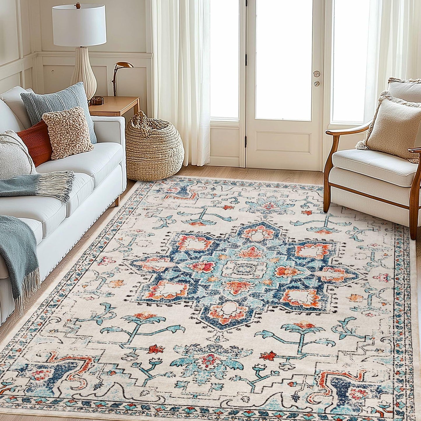 Puremy 2x3 Vintage Boho Entryway Rug Non Slip Low Pile Floral Cream