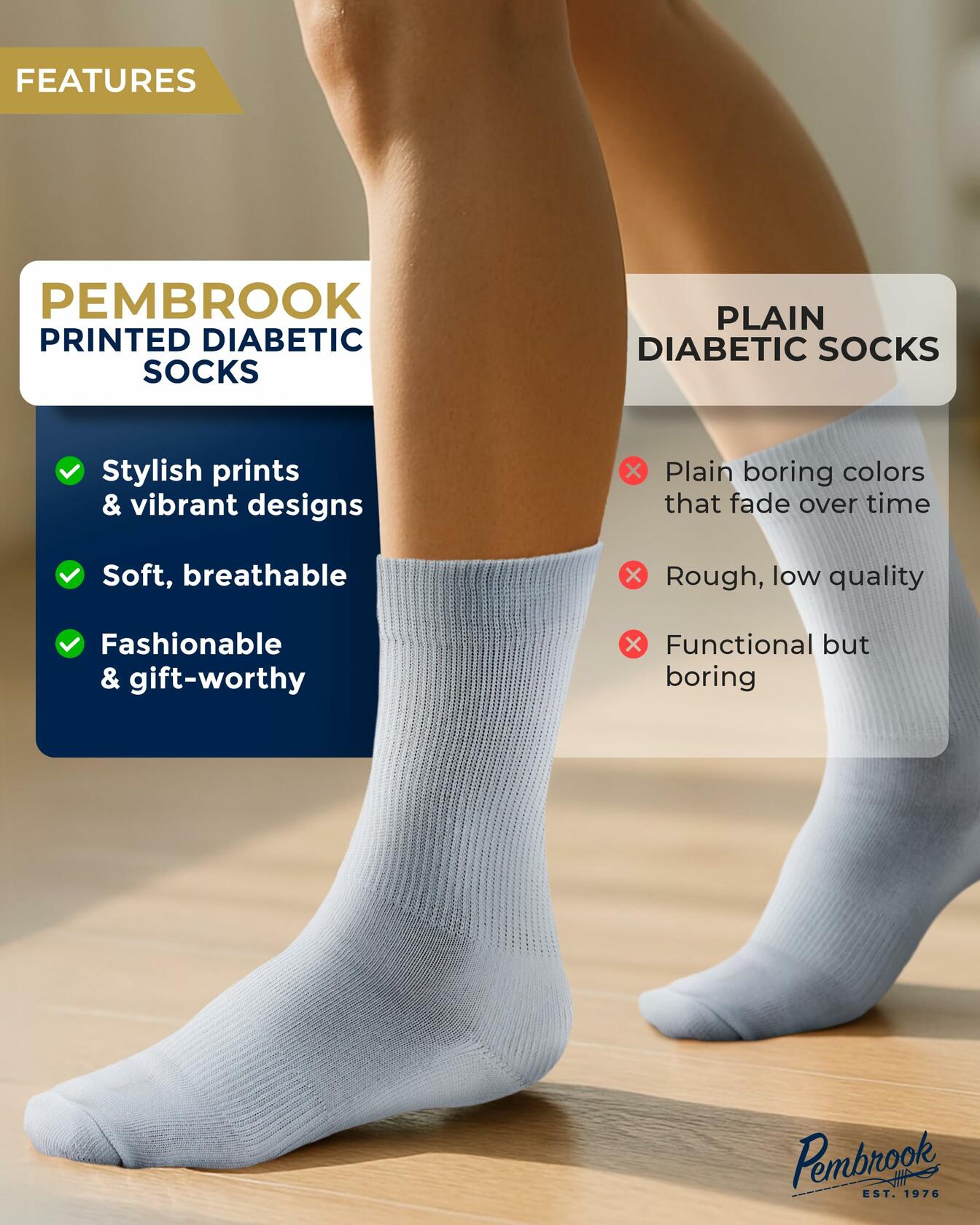Pembrook Diabetic Compression Crew Socks Women 2 Pairs Black/White Size L