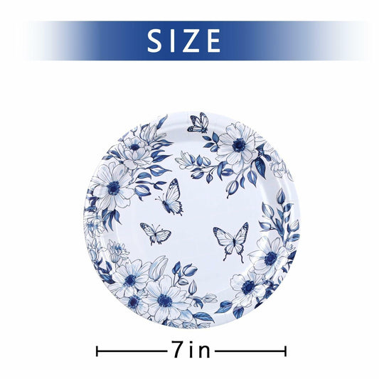 Pandecor 50 Blue White Floral Disposable Paper Plates 7in Butterfly Theme
