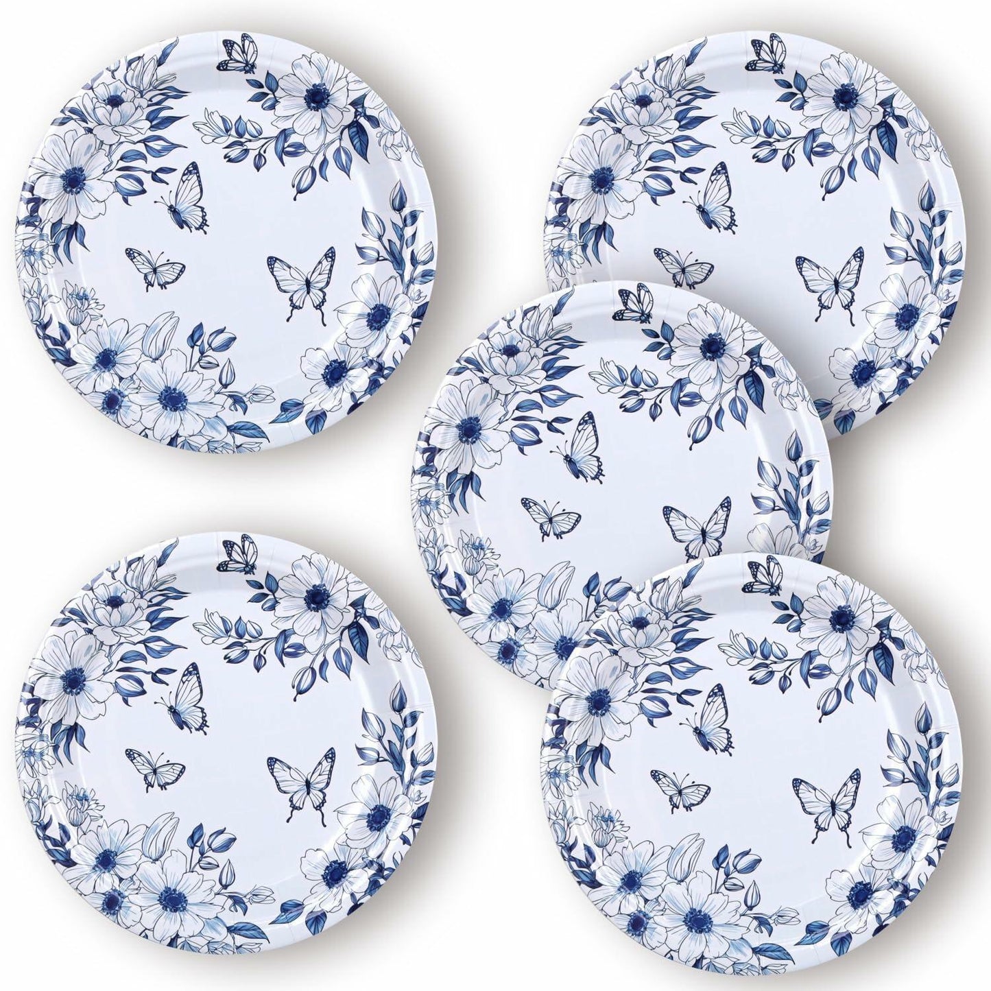Pandecor 50 Blue White Floral Disposable Paper Plates 7in Butterfly Theme