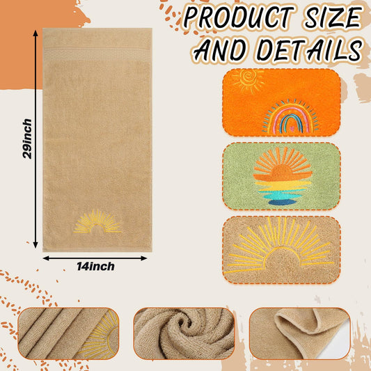 Fanfanwin Boho Embroidered Cotton Hand Towels 14x29 Inch Sun Moon Rainbow 3 Pc