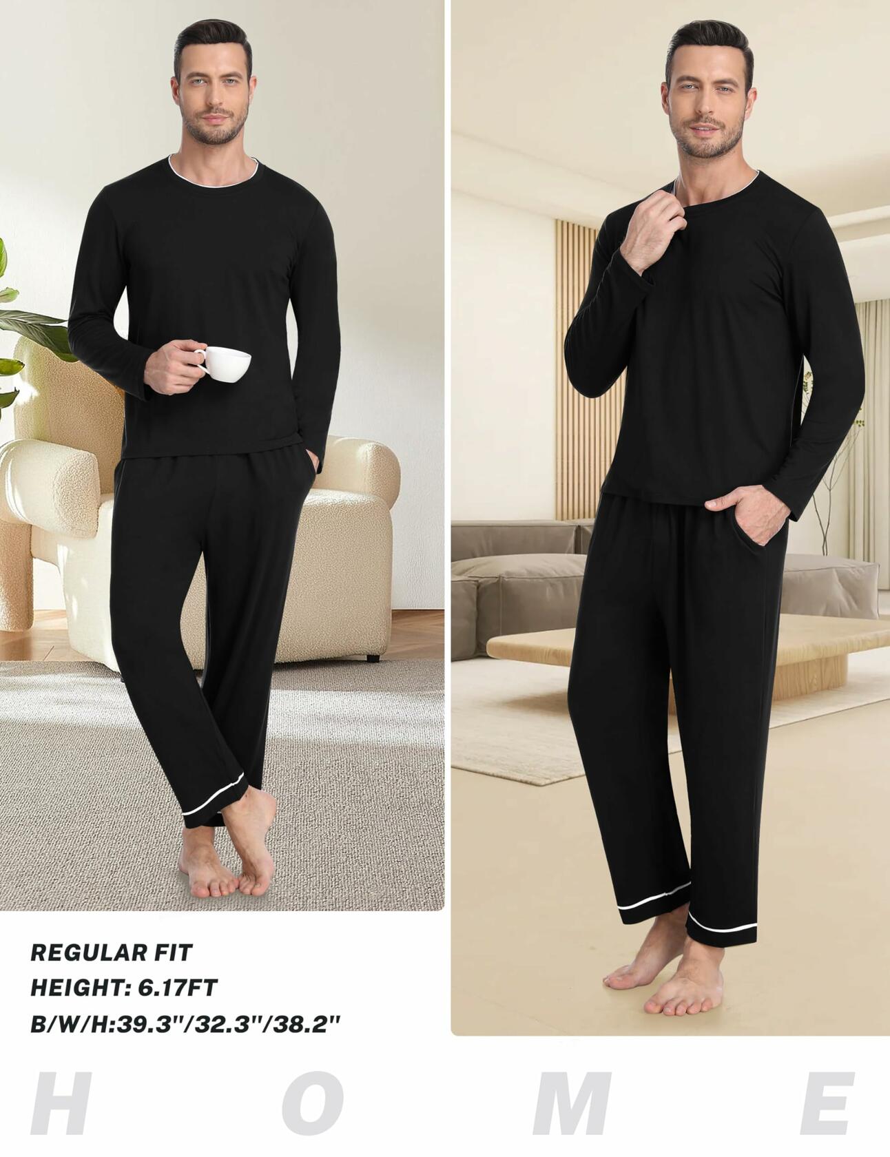 MoFiz Mens Long Sleeve Pajama Set Black Top & Pants 2 Piece Loungewear Size L