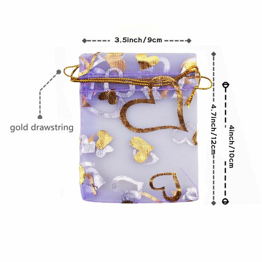 QIANHAILIZZ 100 pcs 3.5x4.7in Flower Heart Organza Gift Pouch Lilac Gold