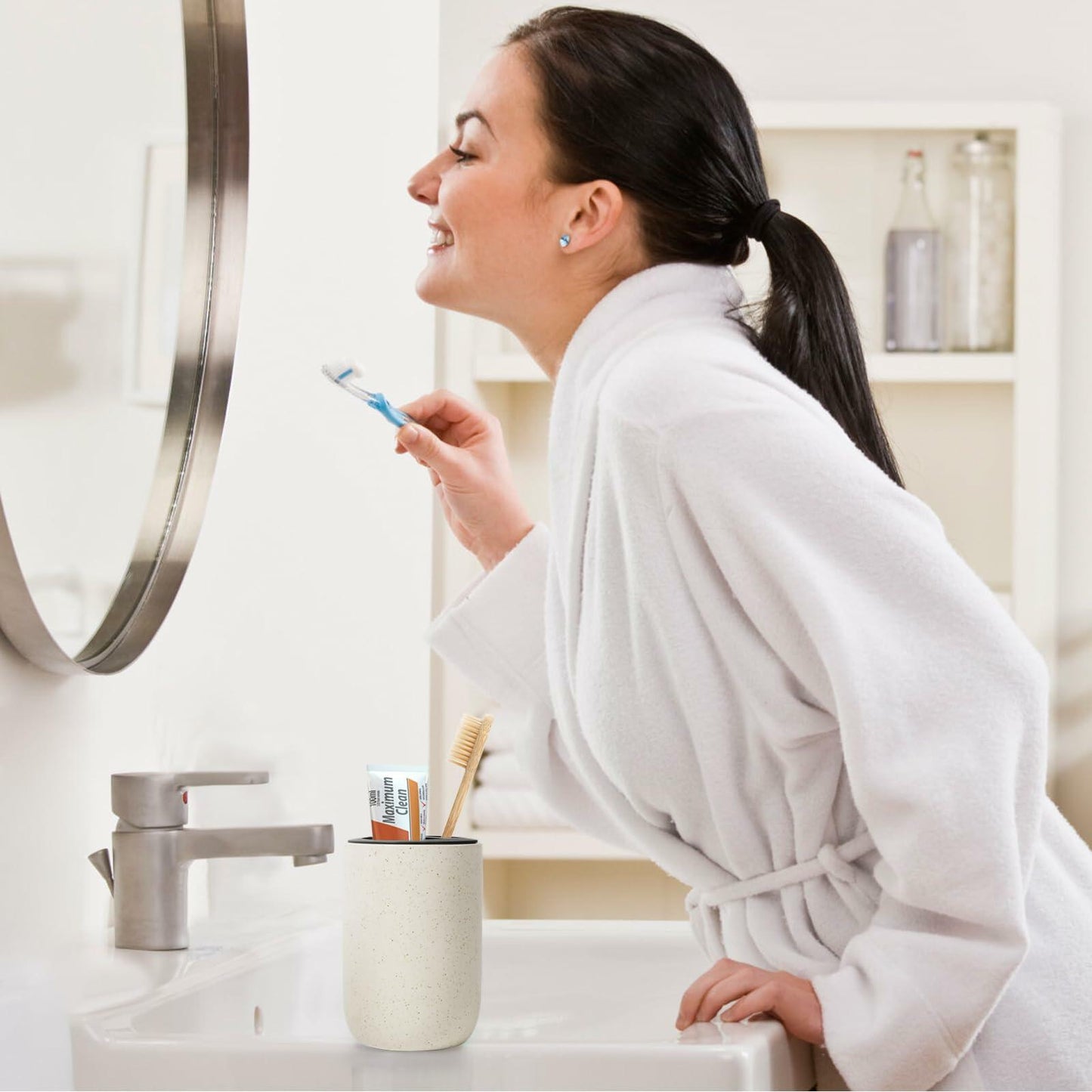 Aibrezin Ceramic Toothbrush & Makeup Brush Holder Organizer Beige