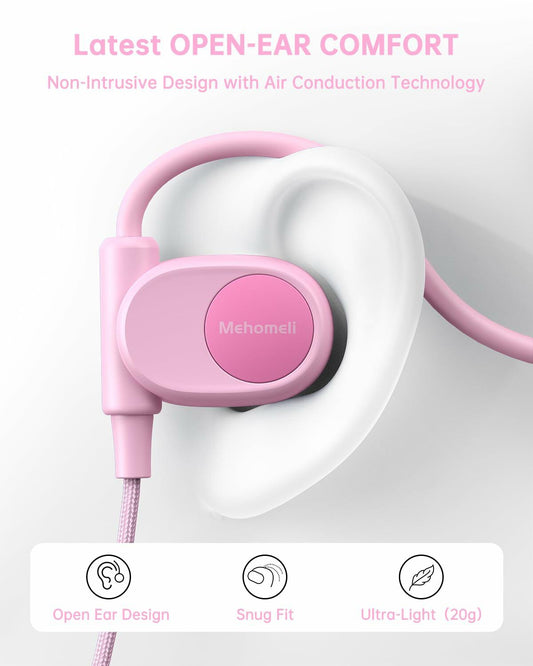 Mehomeli Kid Air Conduction Open Ear Headphones Wired 3.5mm Jack Pink