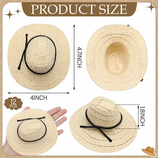 Cutecrop 12 Pcs Mini Cowboy Straw Doll Hats 4.72" Western Party Milk White Black