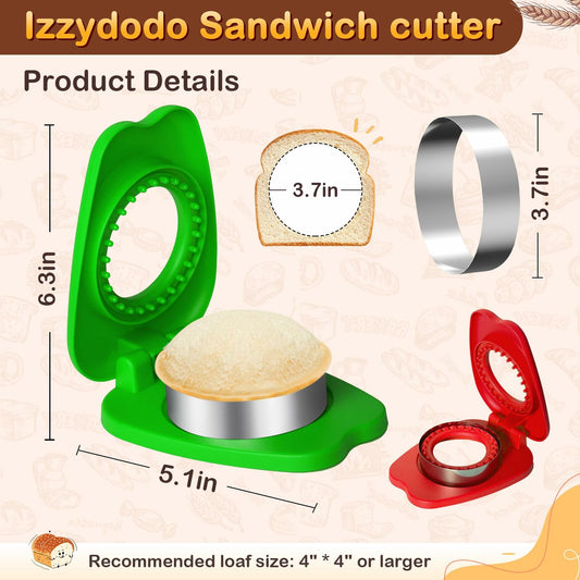 Izzydodo Uncrustable Sandwich Cutter Set Round Sealer for Kids Lunch Red/Green